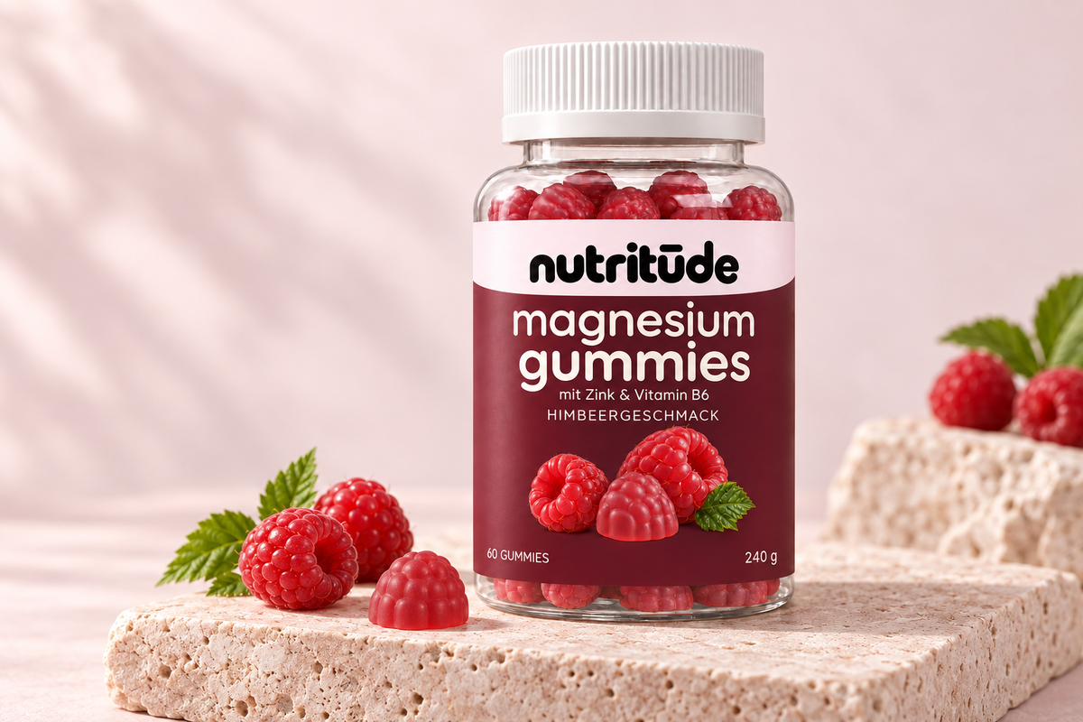 NUTRITUDE Magnesium Gummies mit Himbeergeschmack auf hellem Naturstein neben Himbeeren und Gummies.